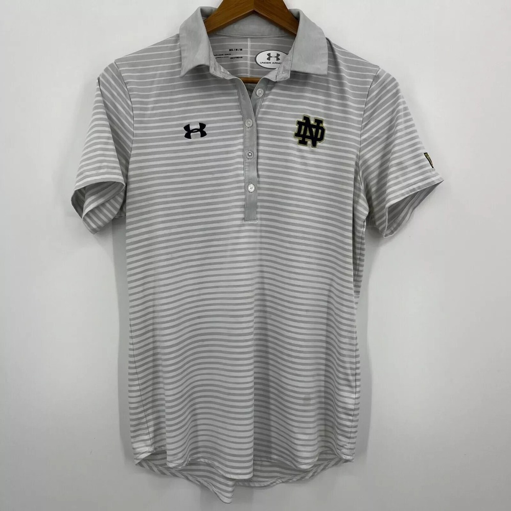Under Armour Notre Dame Fighting Irish Grey Striped HeatGear Polo Shirt Womens M